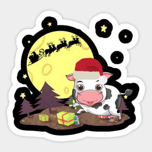 Cute Cow Santa With Reindeer Christmas Day Costume Gift Sticker